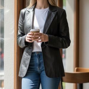 Classic Black Leather Jacket with Notched Lapel and Smooth Finish